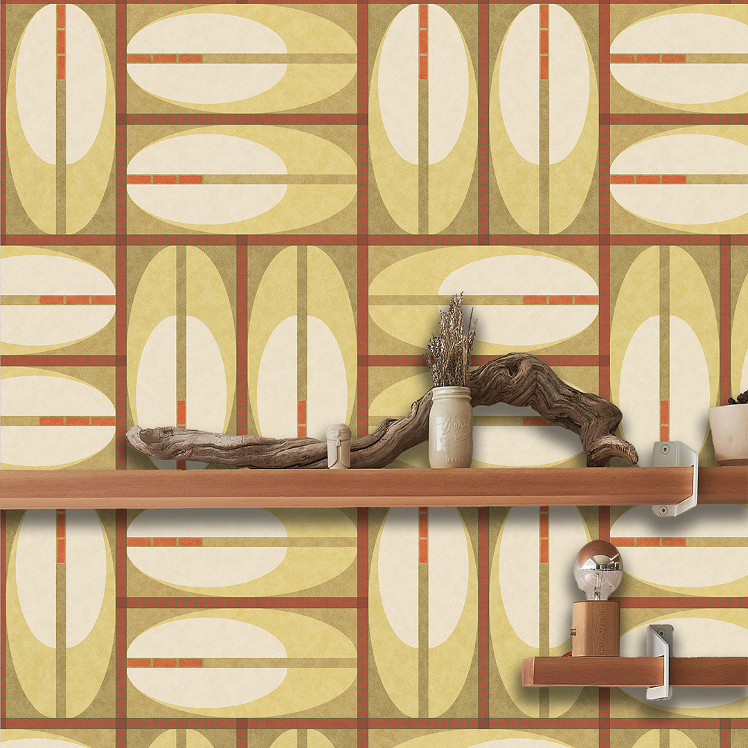 The artwork features a repeating geometric pattern of symmetrical shapes resembling elongated, curved diamonds or petals in various shades of blue and green. Each shape is split vertically with one half filled with a light blue and the other half filled with green or darker blue. The background is a light, almost pastel blue, which provides a soft yet vibrant backdrop. One of the blue shapes near the upper left contains a white starburst element, adding a focal point of brightness to the composition. The overall design conveys a modern, mid-century aesthetic with clean lines and harmonious color contrasts.